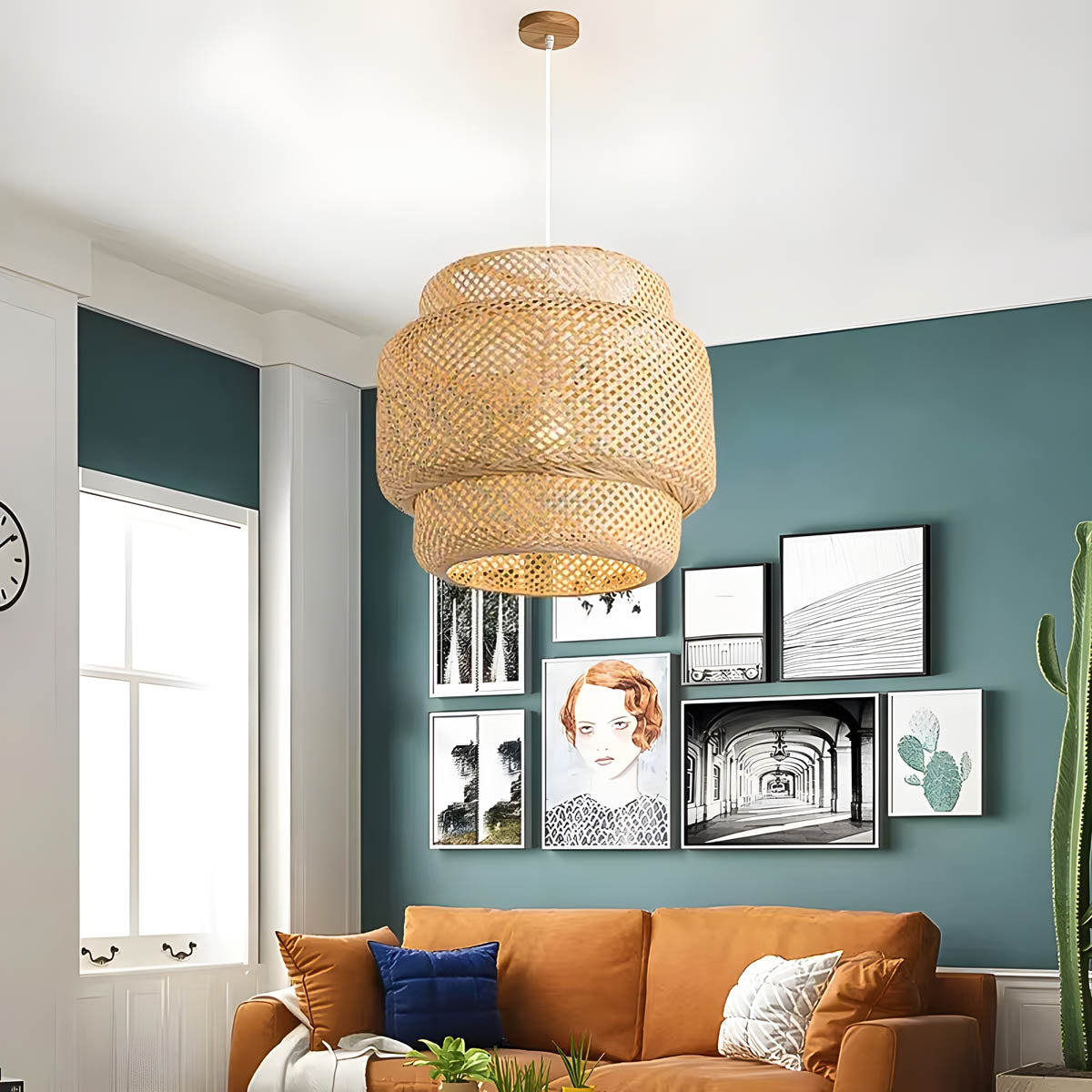 Natural bamboo cord pendant light 30 cm, boho / Japandi style