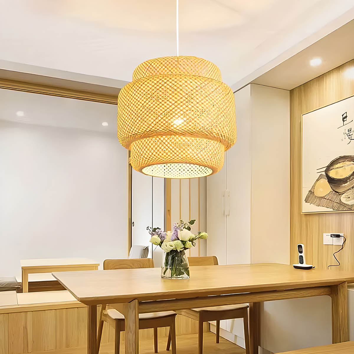 Natural bamboo cord pendant light 30 cm, boho / Japandi style