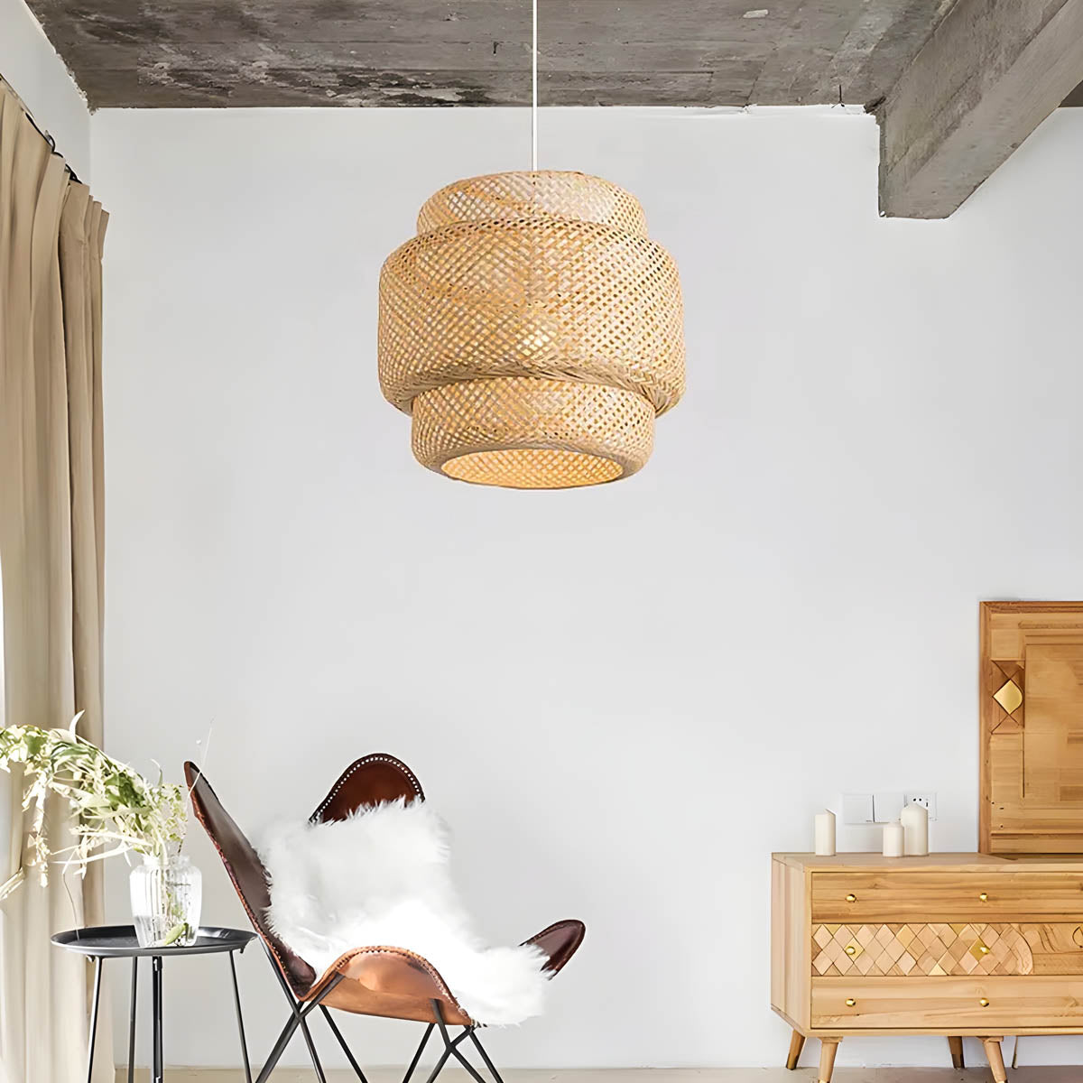 Natural bamboo cord pendant light 30 cm, boho / Japandi style