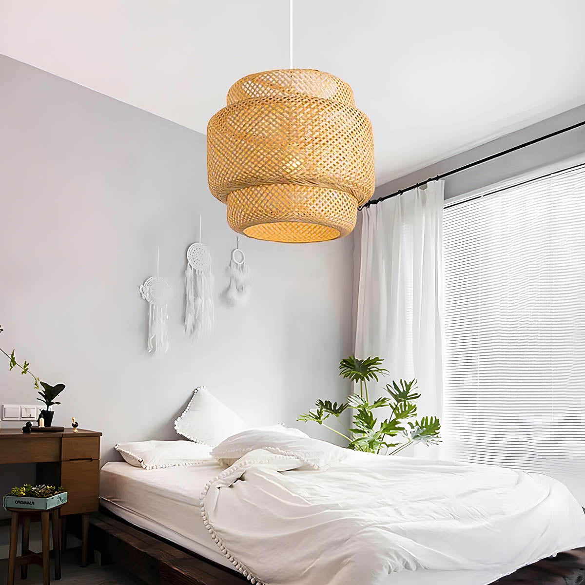 Natural bamboo cord pendant light 30 cm, boho / Japandi style