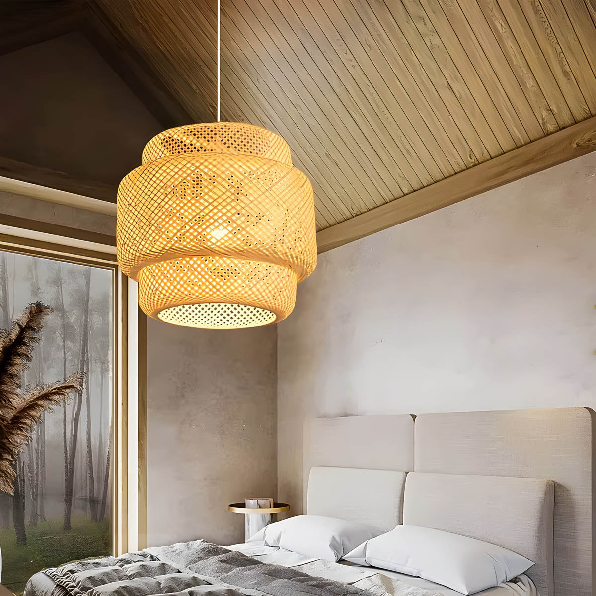 Natural bamboo cord pendant light 30 cm, boho / Japandi style