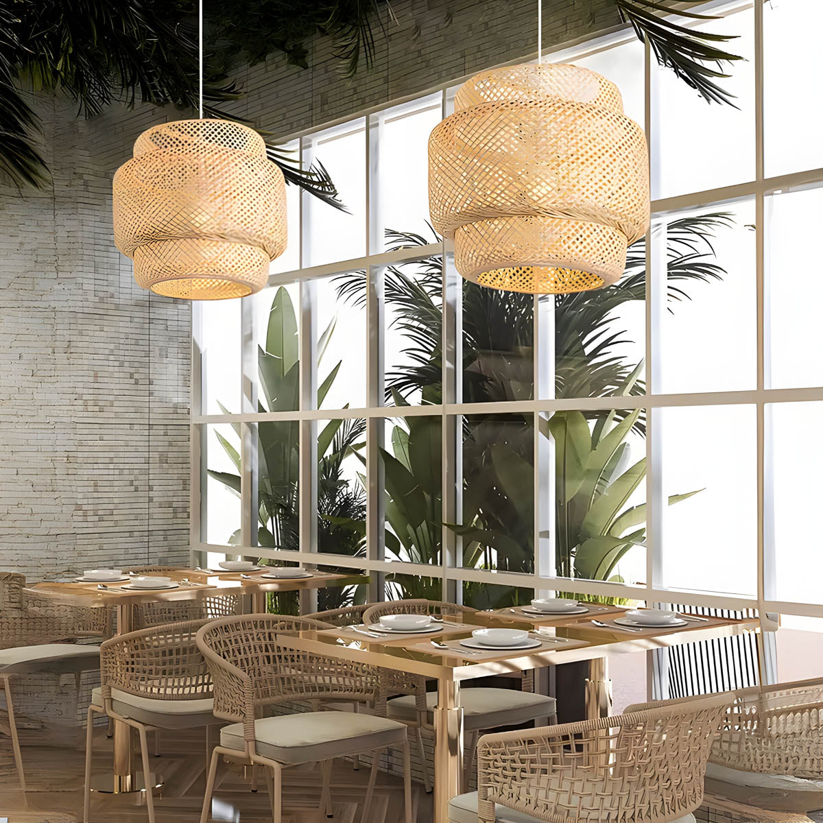 Natural bamboo cord pendant light 30 cm, boho / Japandi style