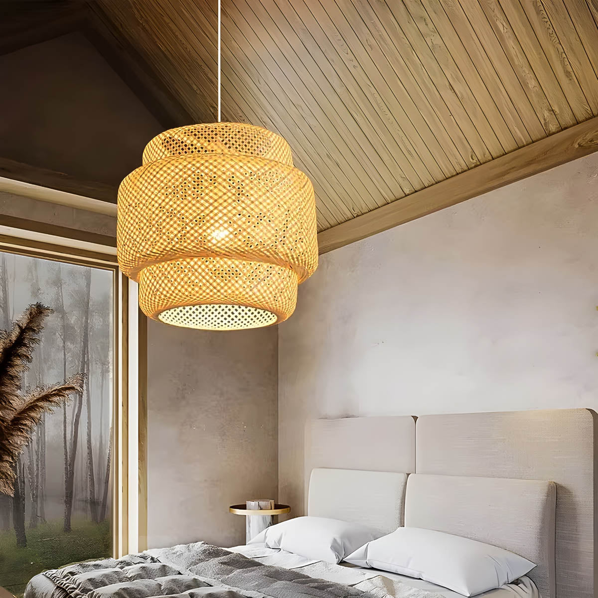 Natural bamboo cord pendant light 30 cm, boho / Japandi style