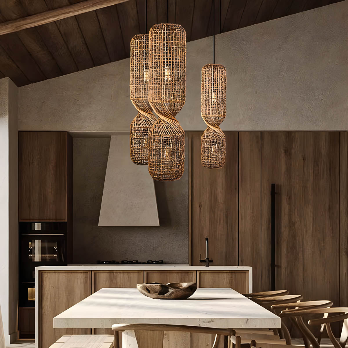 Hand-woven rattan & iron pendant light, sculptural twist