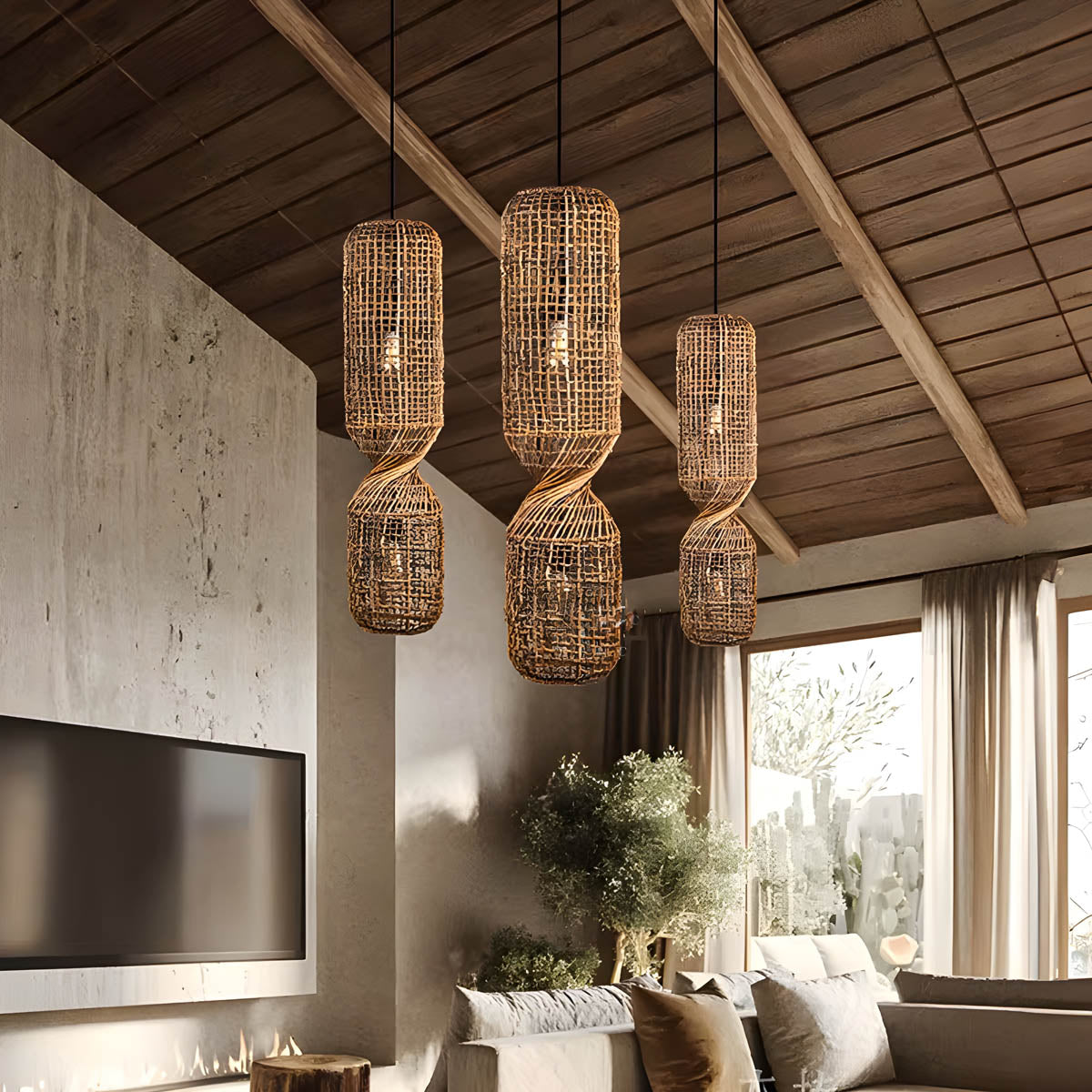 Hand-woven rattan & iron pendant light, sculptural twist