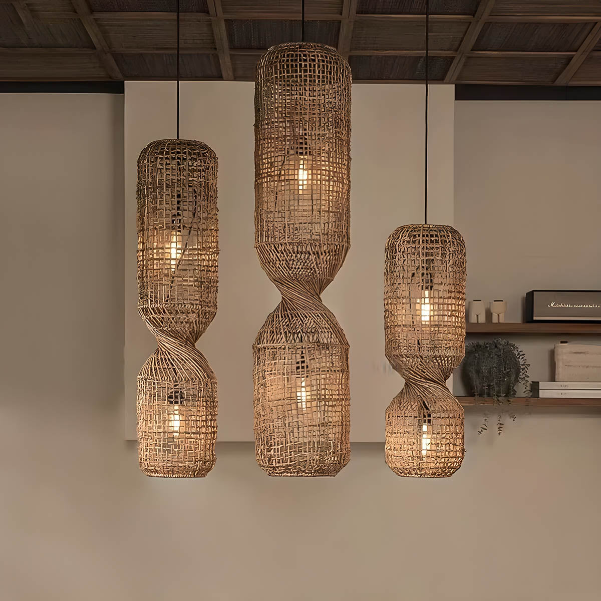 Hand-woven rattan & iron pendant light, sculptural twist