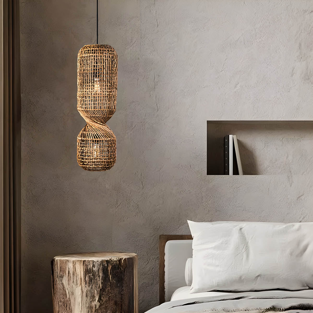 Hand-woven rattan & iron pendant light, sculptural twist