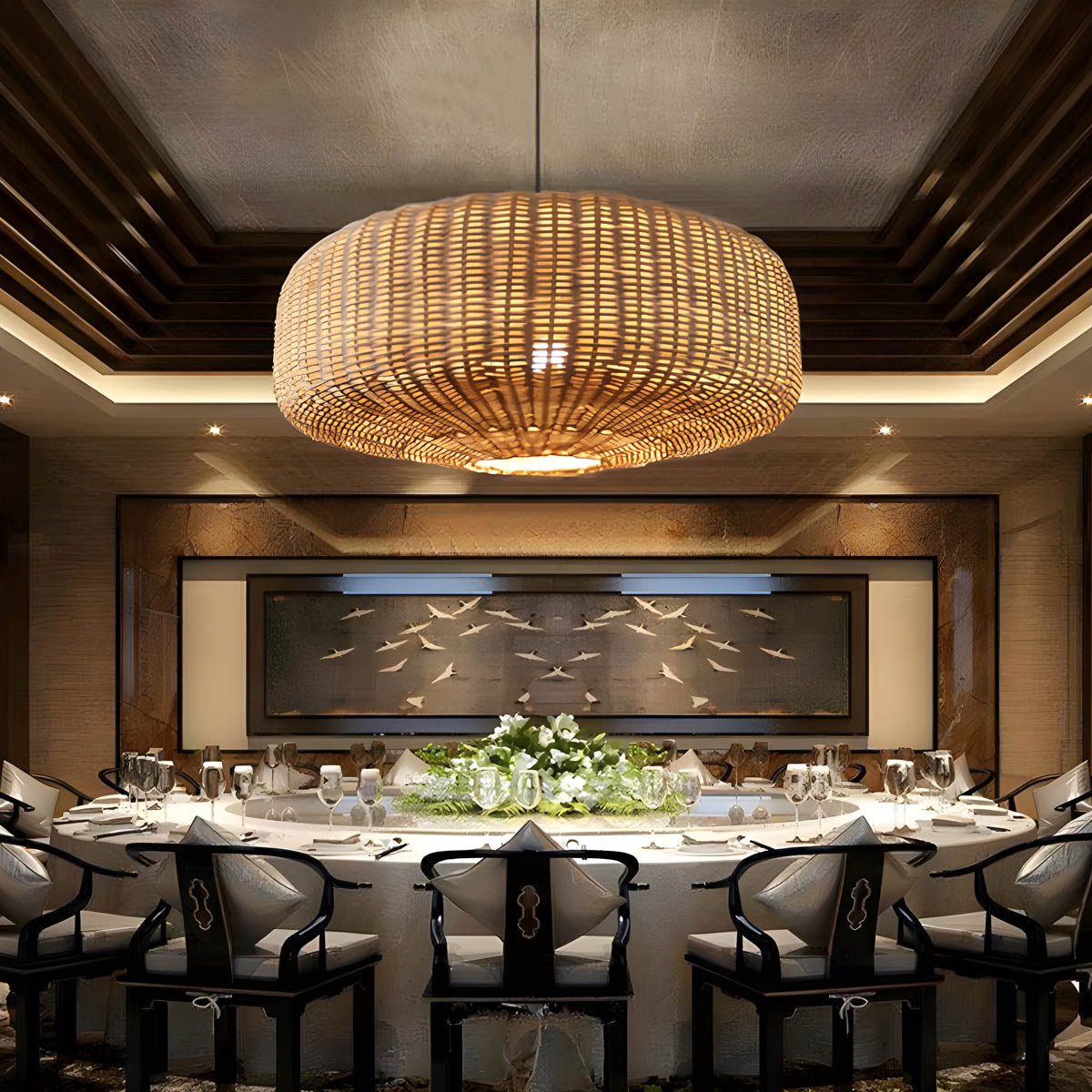 Handwoven rattan and hemp rope pendant light