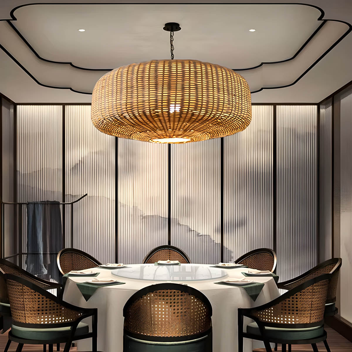 Handwoven rattan and hemp rope pendant light