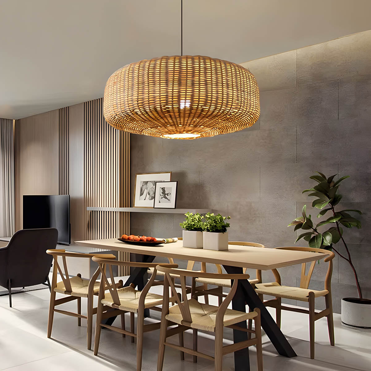 Handwoven rattan and hemp rope pendant light