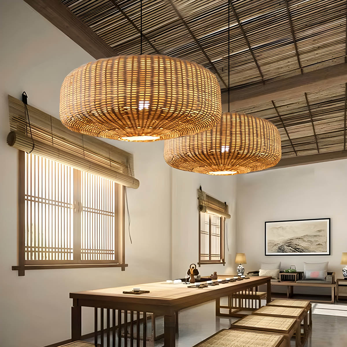 Handwoven rattan and hemp rope pendant light