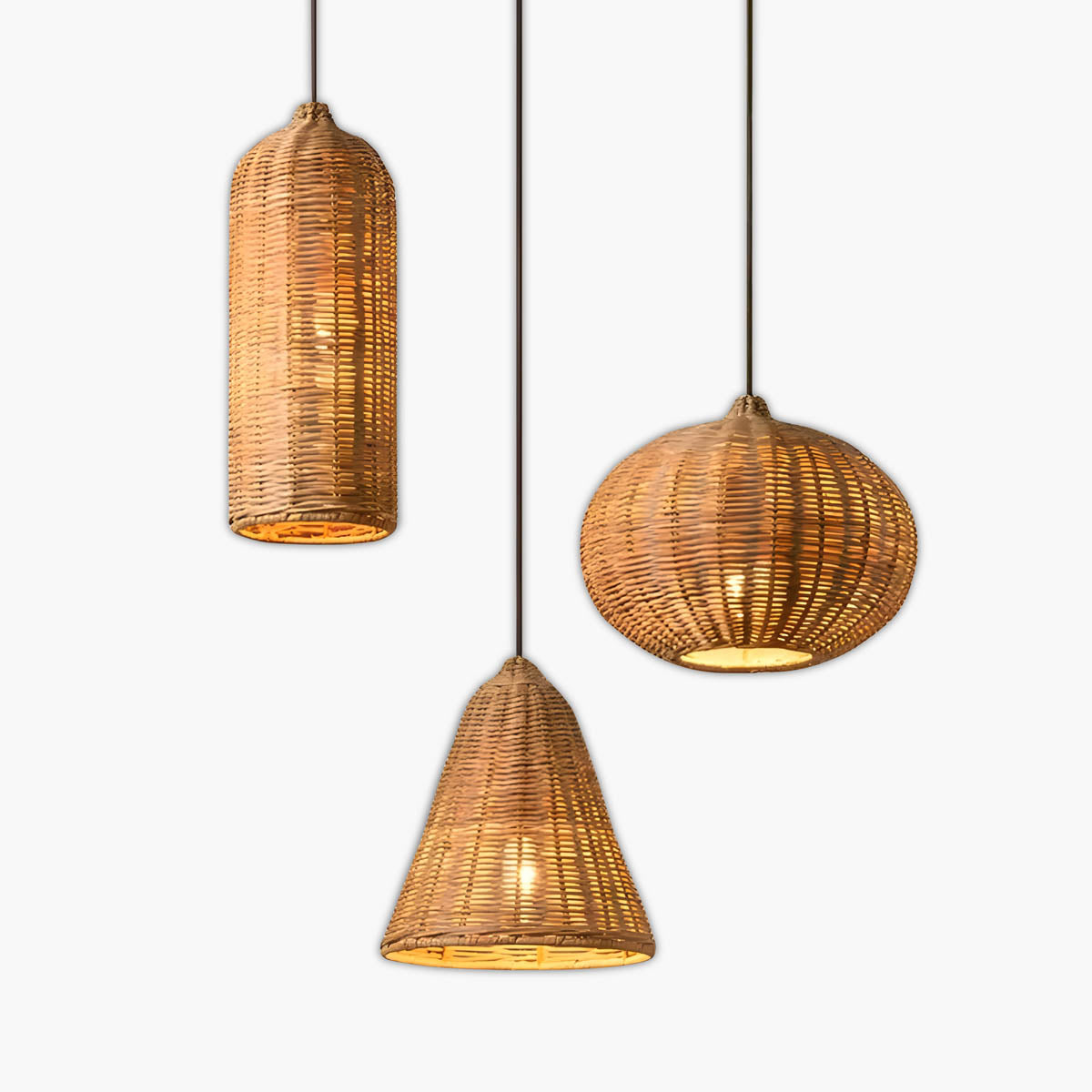 Handwoven rattan and hemp rope pendant light