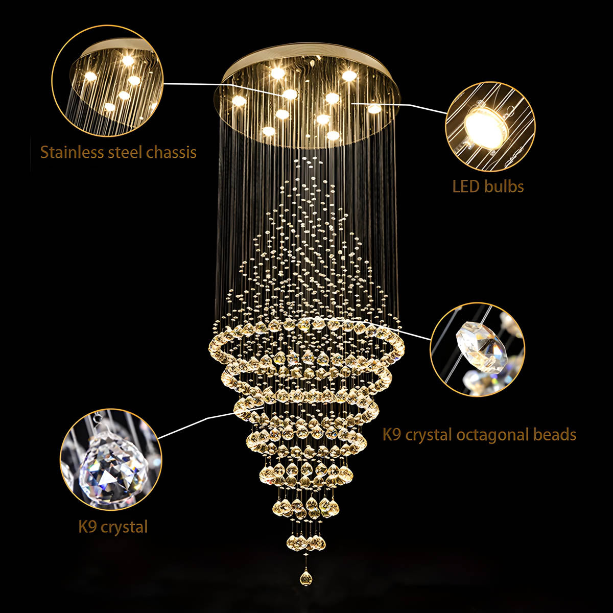 Crystal Chandelier with Stainless Steel Frame and K9 Crystals, 40–300 cm
