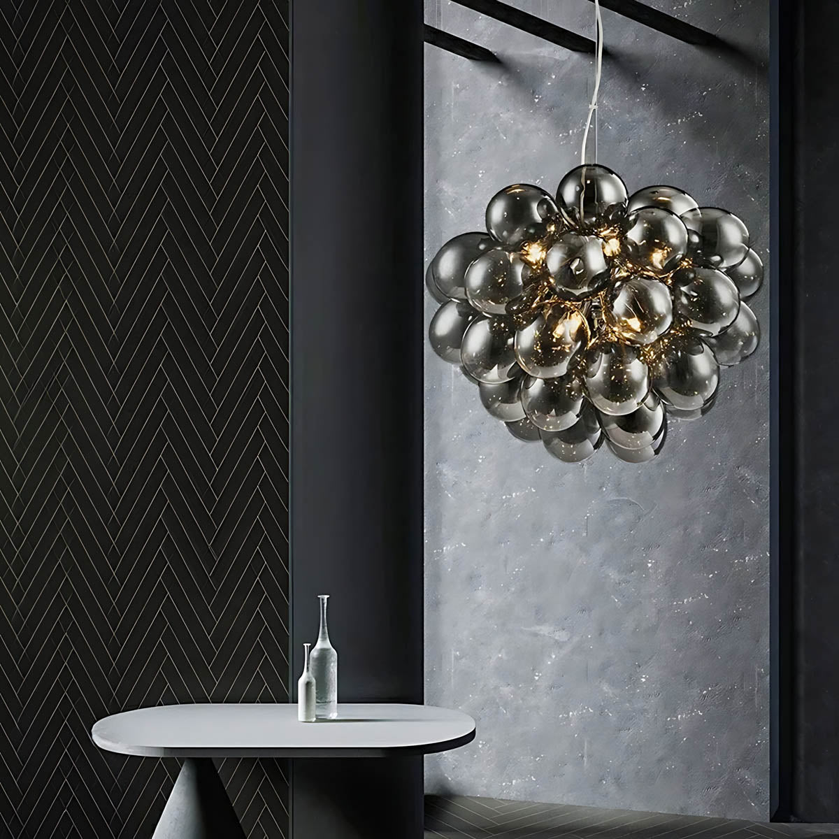 Modern Glass Bubble & Stainless Steel Chandelier