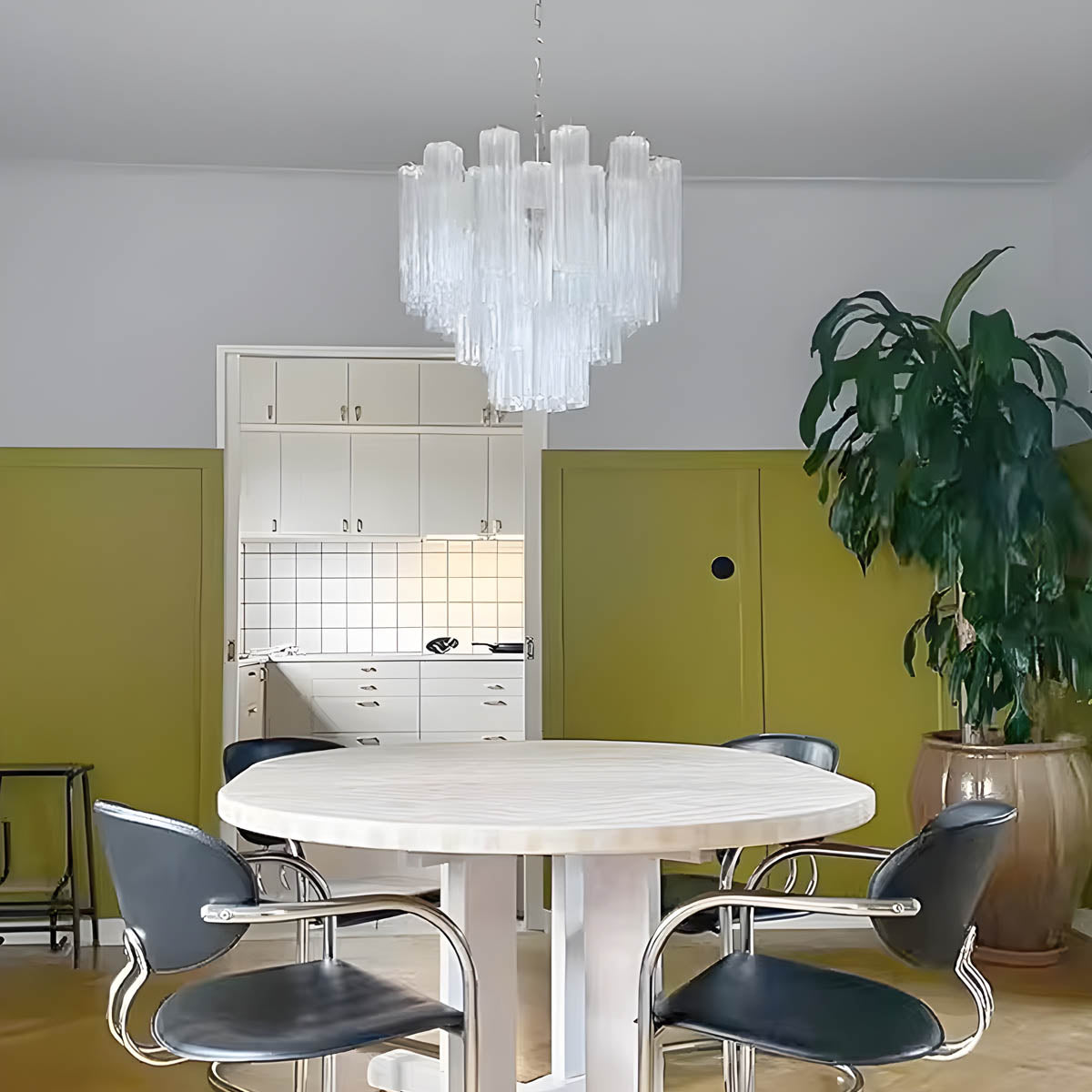 Glass tube chandelier with stainless steel frame