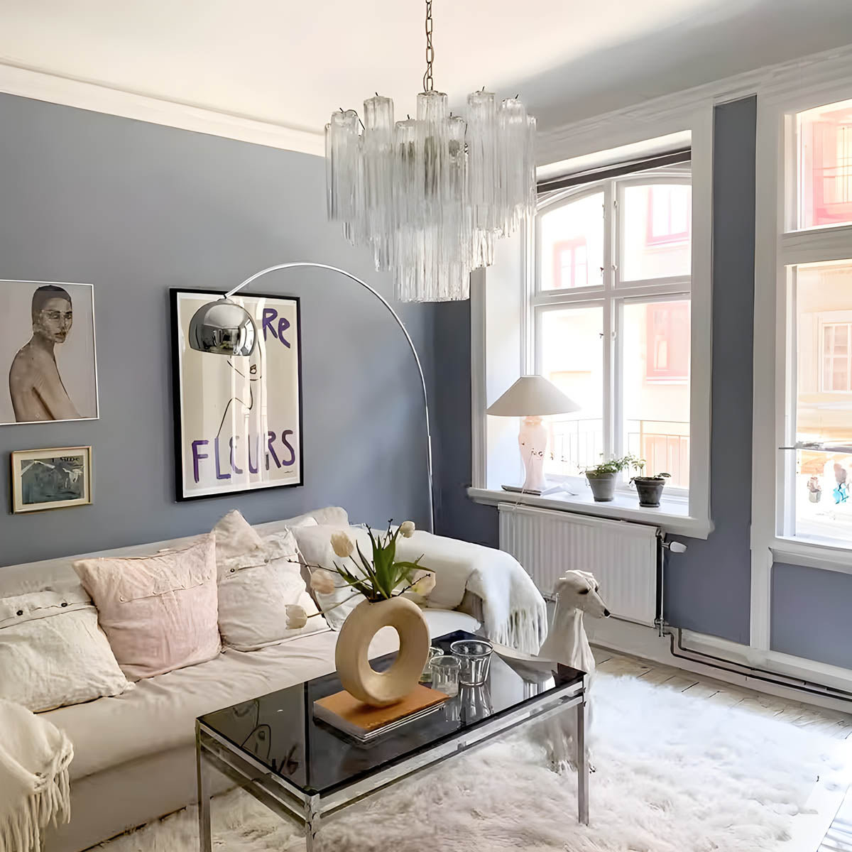 Glass tube chandelier with stainless steel frame