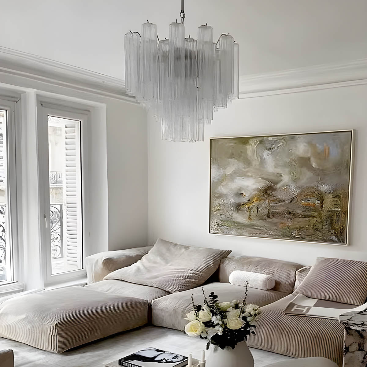 Glass tube chandelier with stainless steel frame