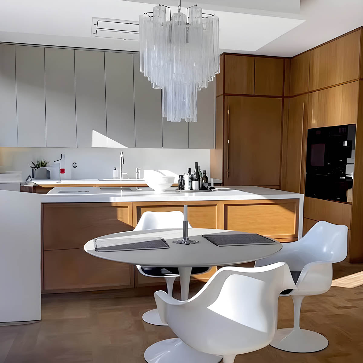 Glass tube chandelier with stainless steel frame