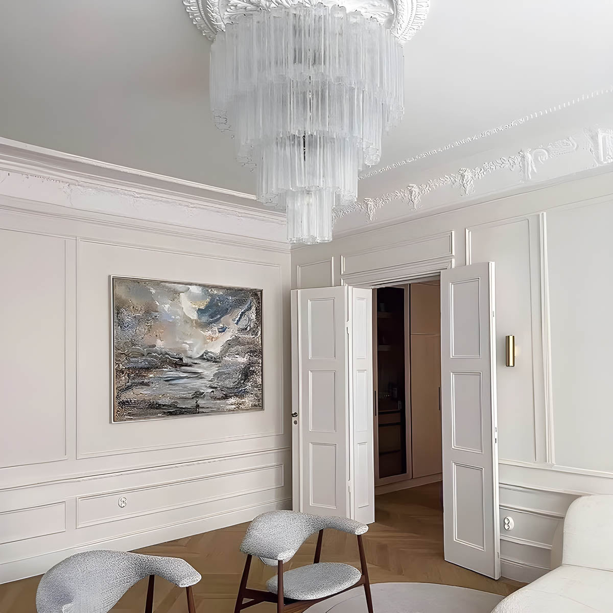 Glass tube chandelier with stainless steel frame