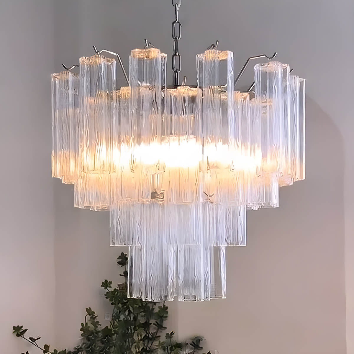 Glass tube chandelier with stainless steel frame