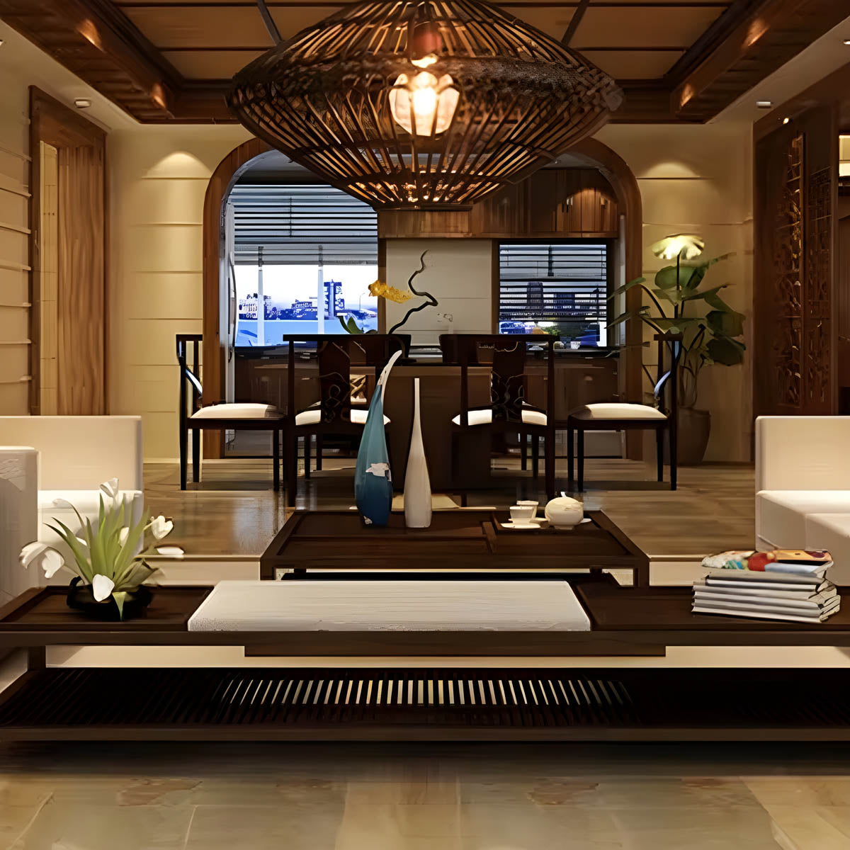 Rattan & iron pendant light, Ø 56 cm, E27 LED included