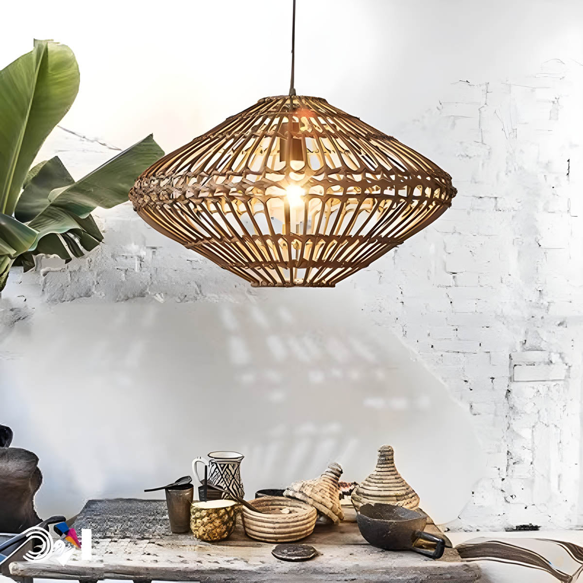 Rattan & iron pendant light, Ø 56 cm, E27 LED included