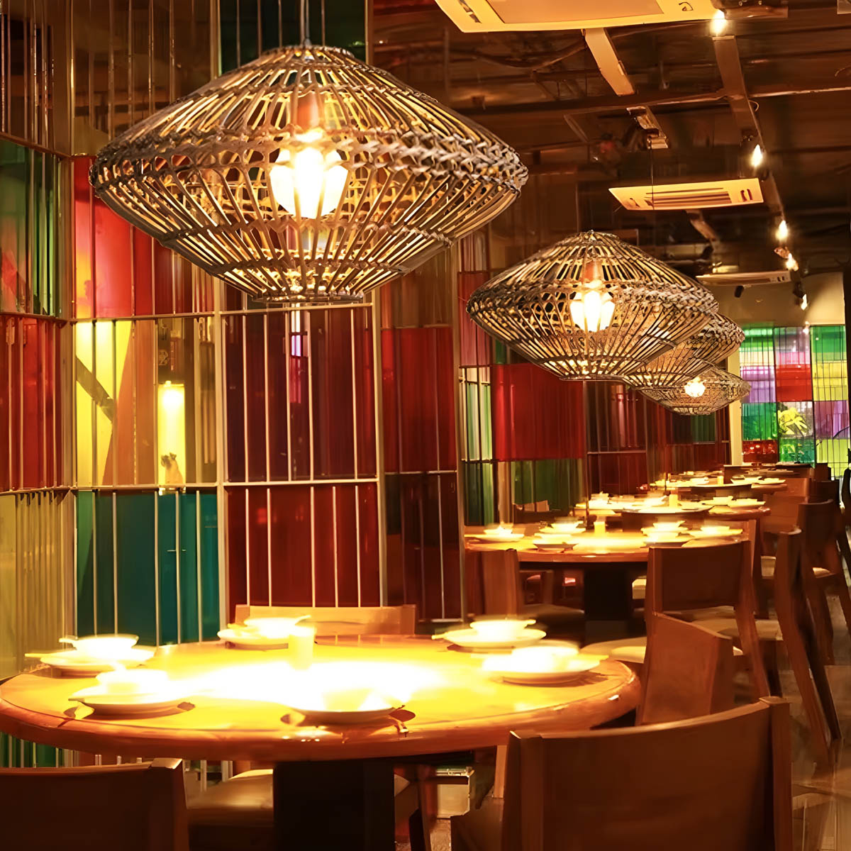 Rattan & iron pendant light, Ø 56 cm, E27 LED included