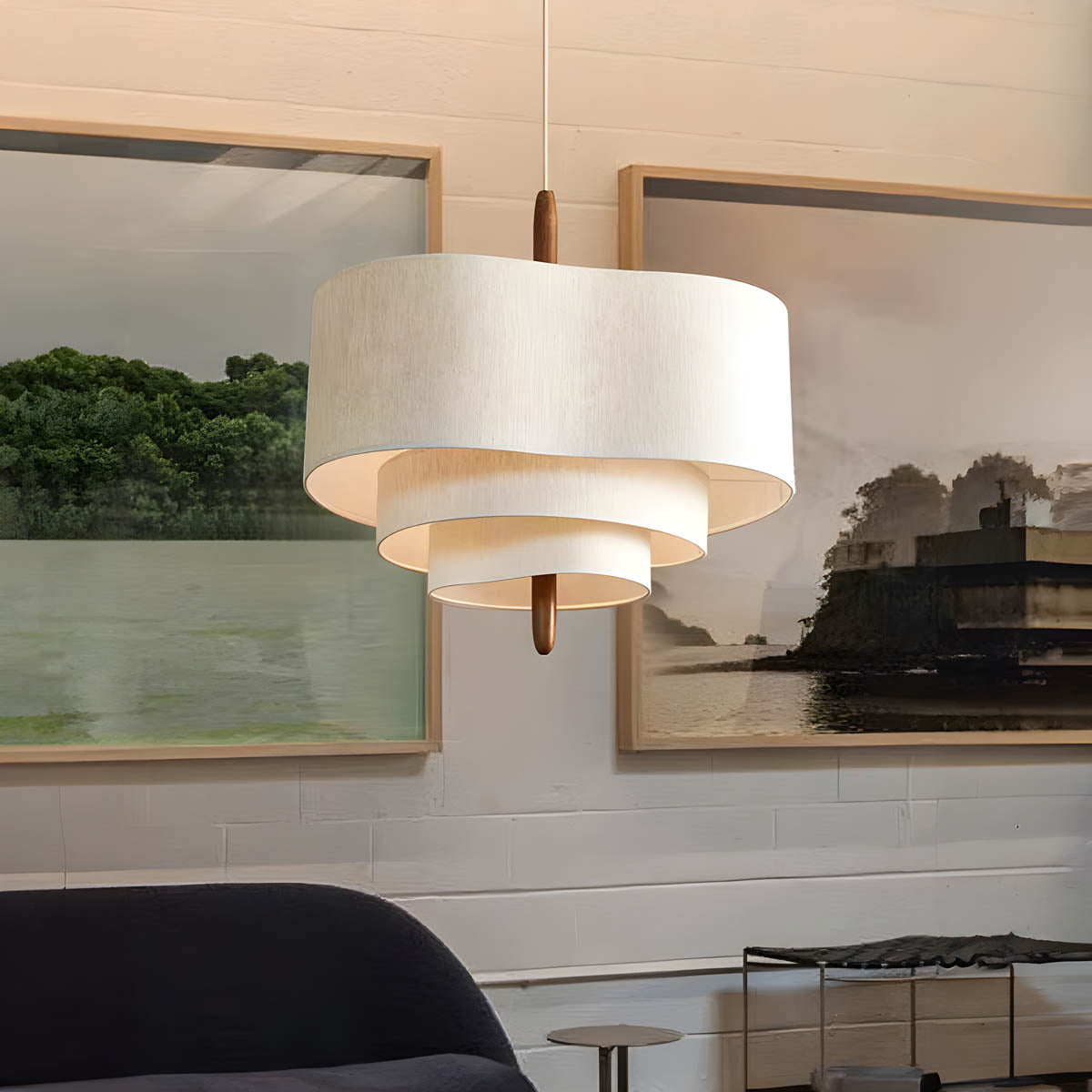 Layered Hessian & Wood Wave Pendant Light