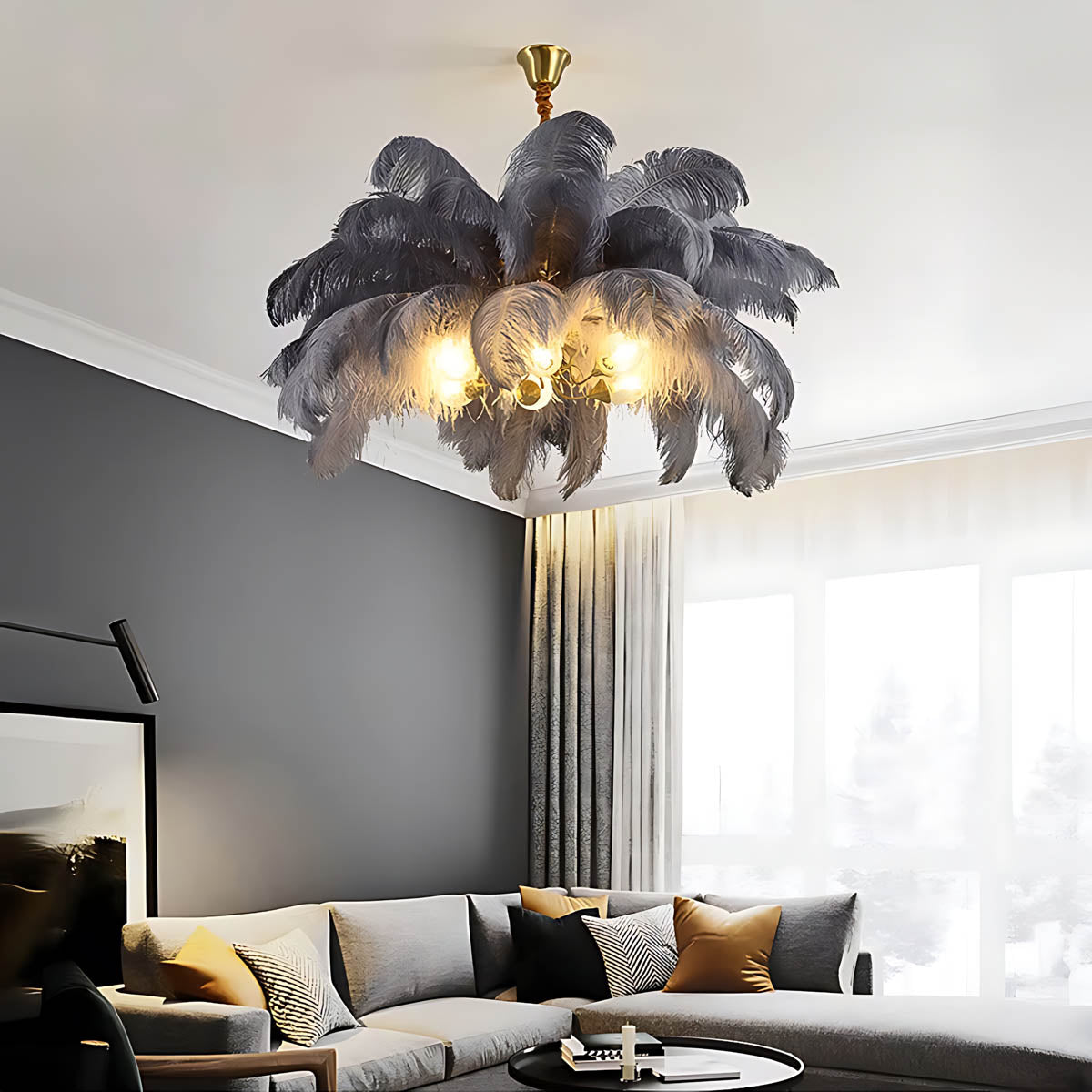 Pendant light with ostrich feathers & iron frame