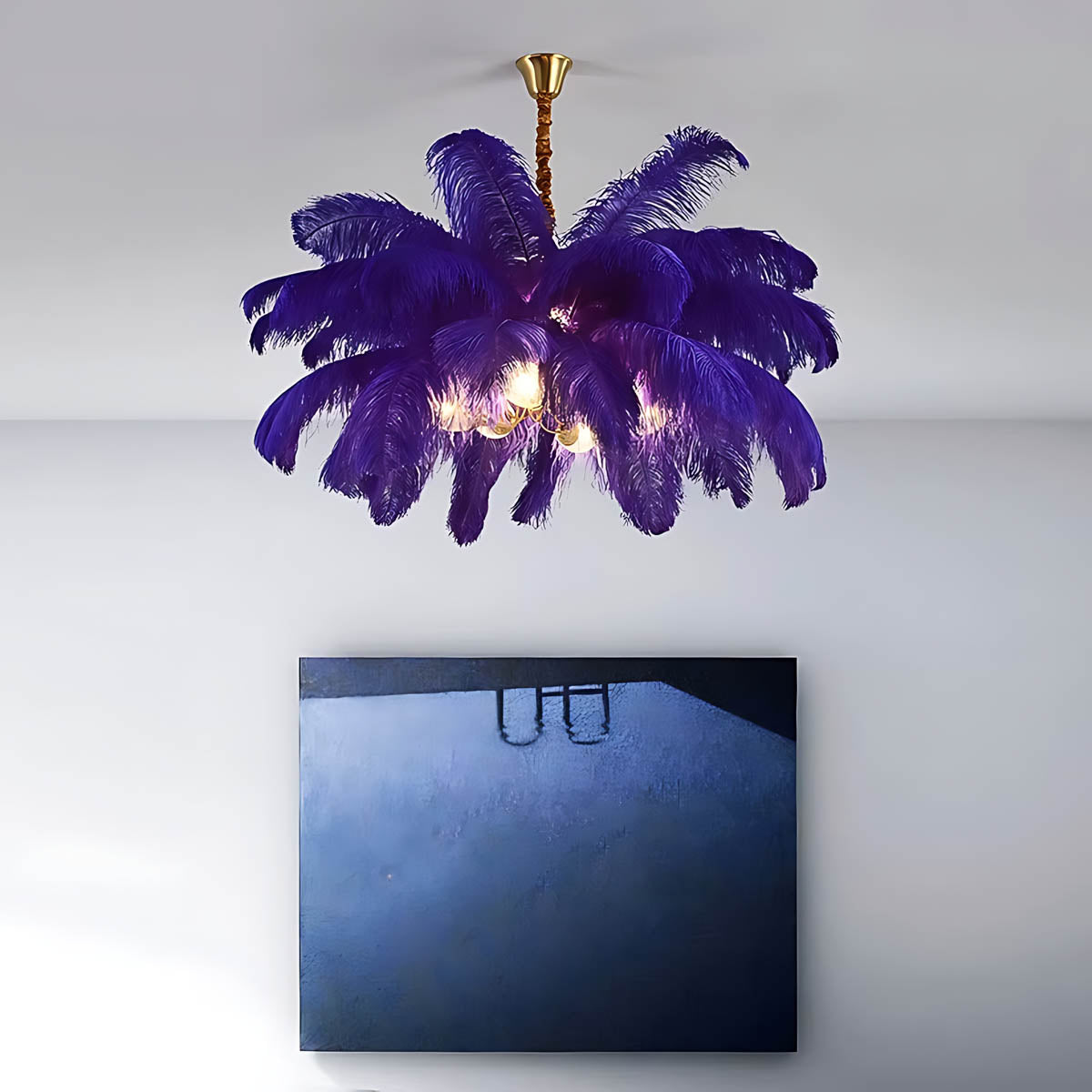 Pendant light with ostrich feathers & iron frame