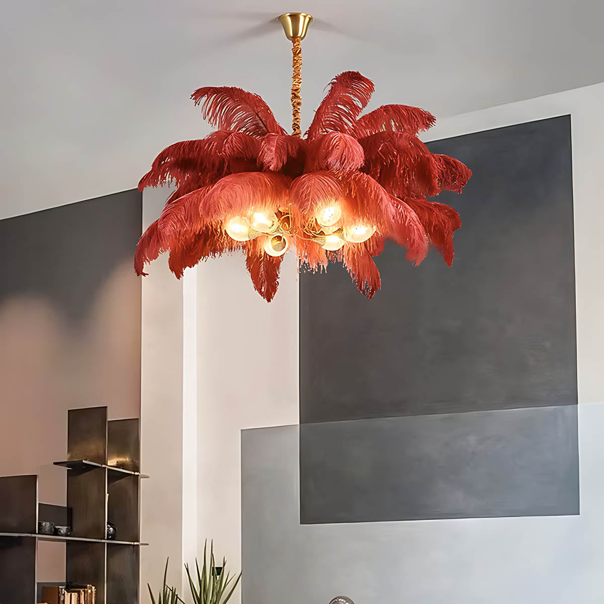Pendant light with ostrich feathers & iron frame