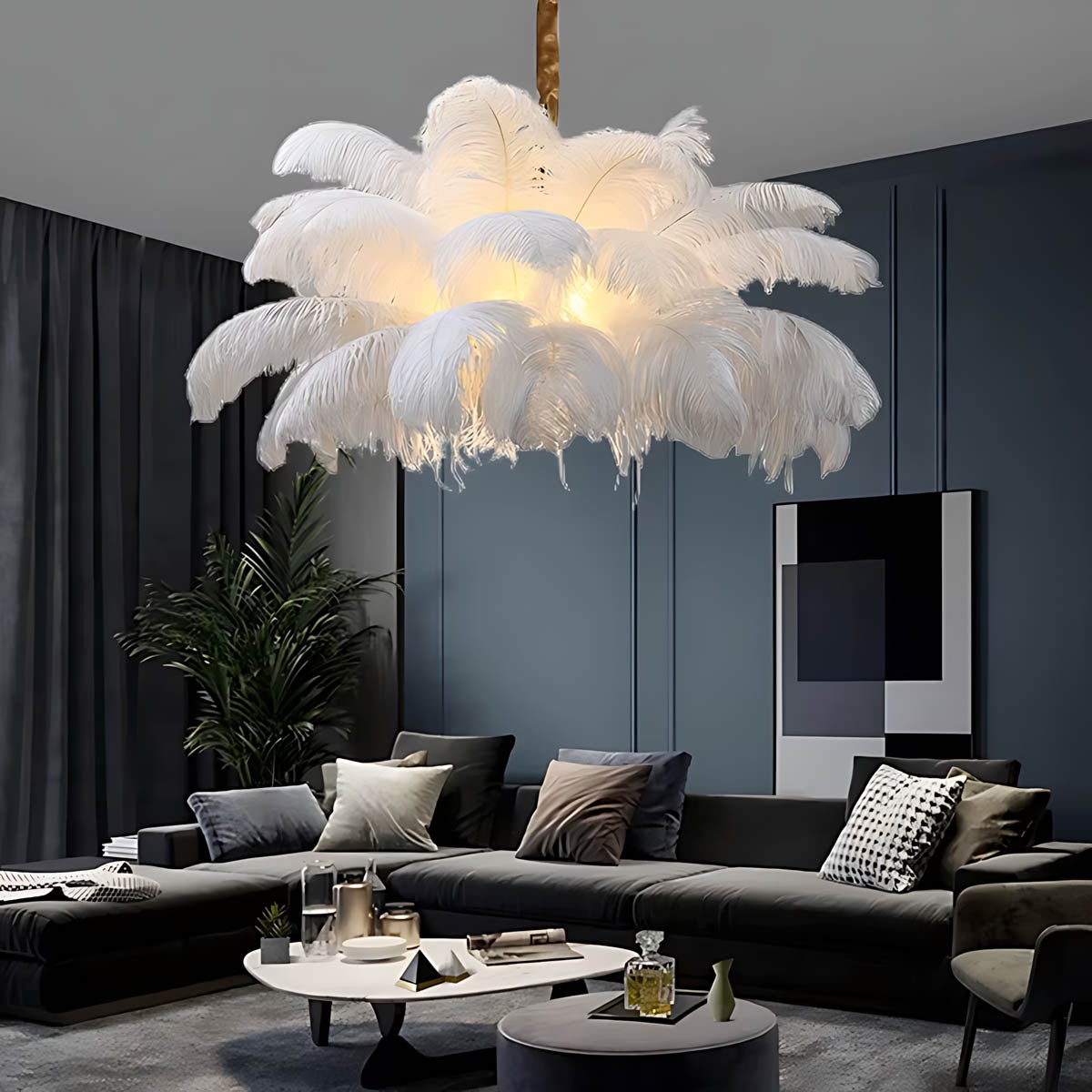 Pendant light with ostrich feathers & iron frame