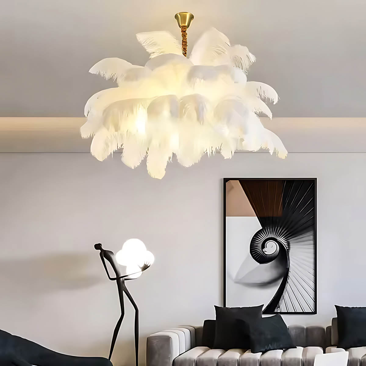 Pendant light with ostrich feathers & iron frame