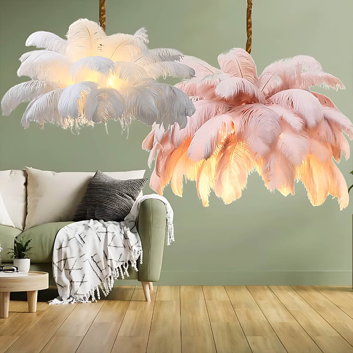 Pendant light with ostrich feathers & iron frame