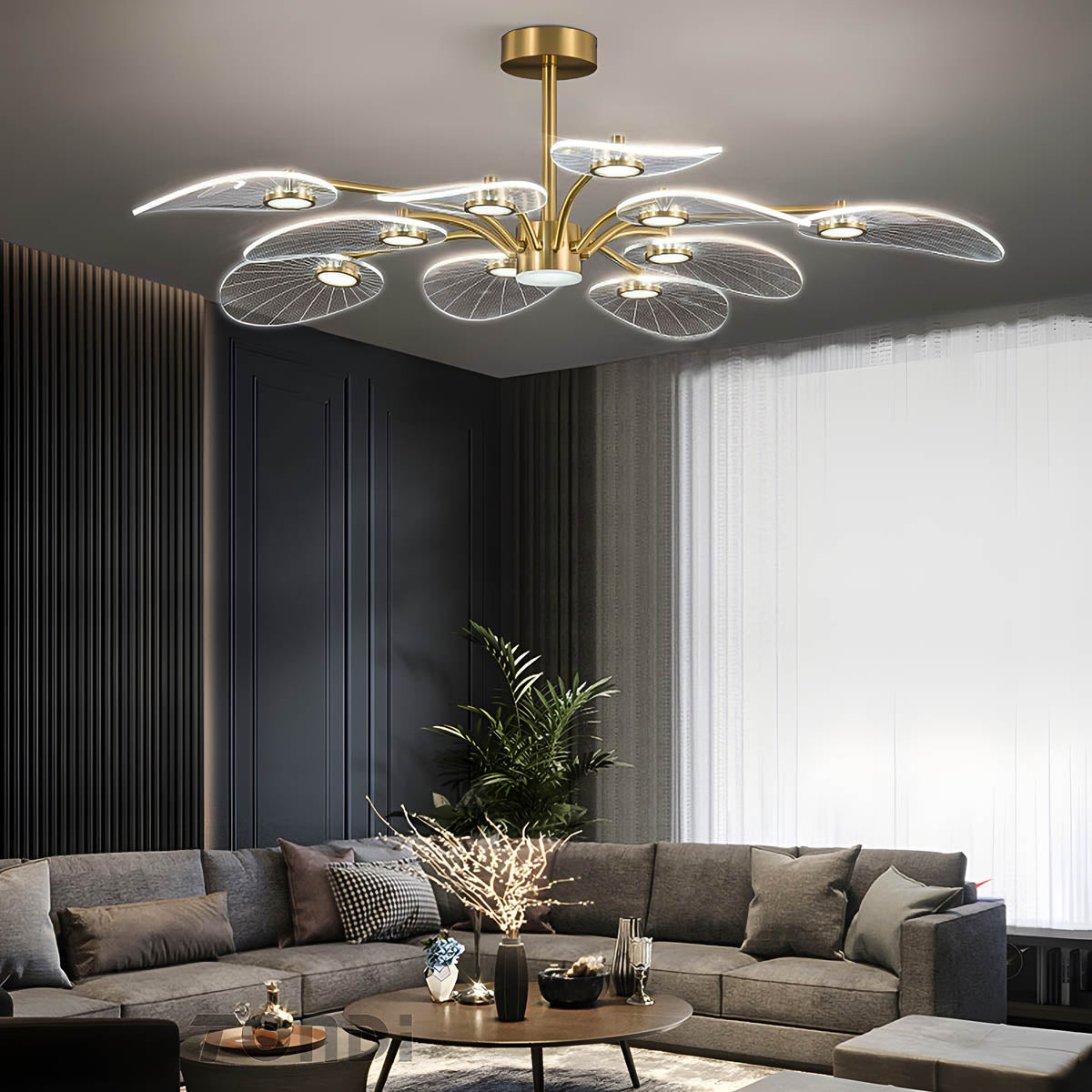 Modern acrylic and metal leaf chandelier