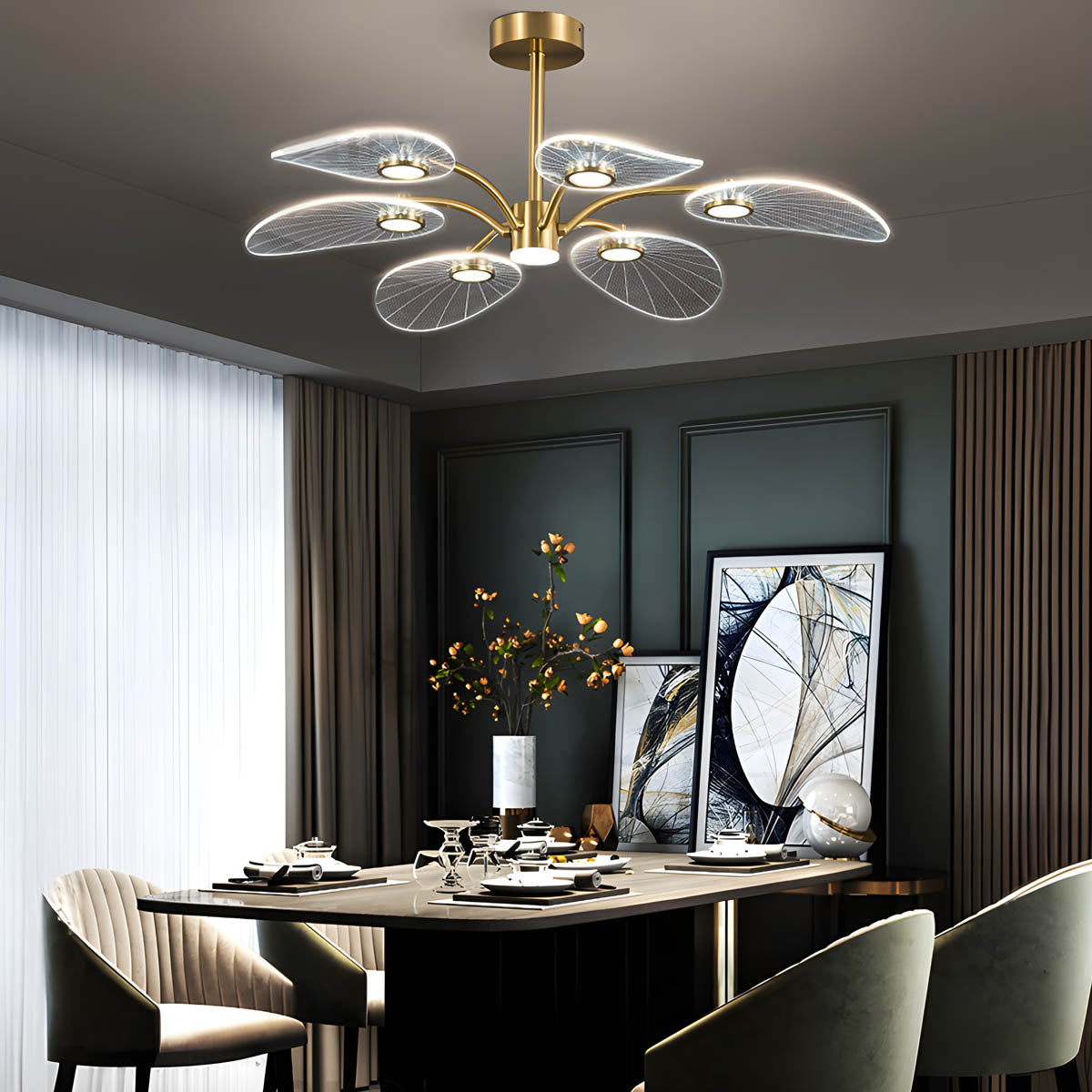 Modern acrylic and metal leaf chandelier