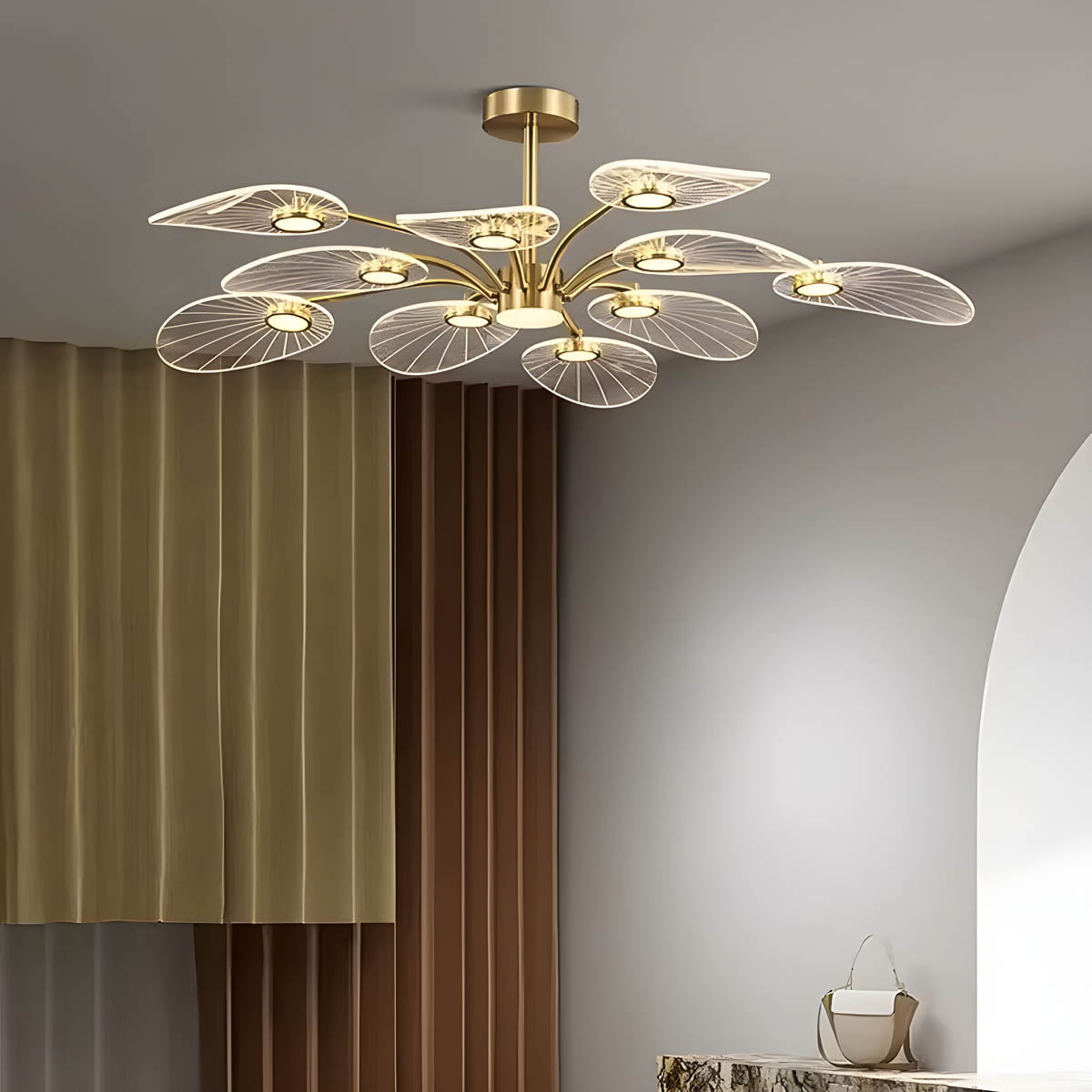 Modern acrylic and metal leaf chandelier