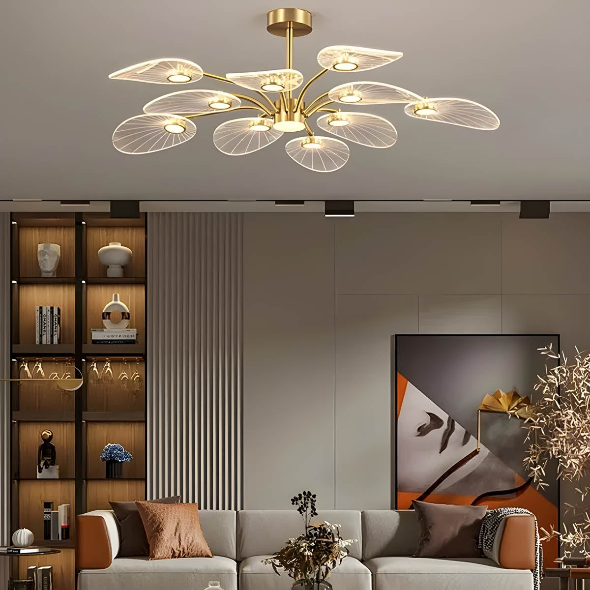 Modern acrylic and metal leaf chandelier