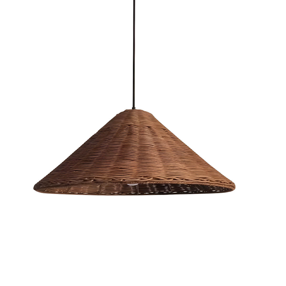 Conical hand-woven rattan & iron pendant light