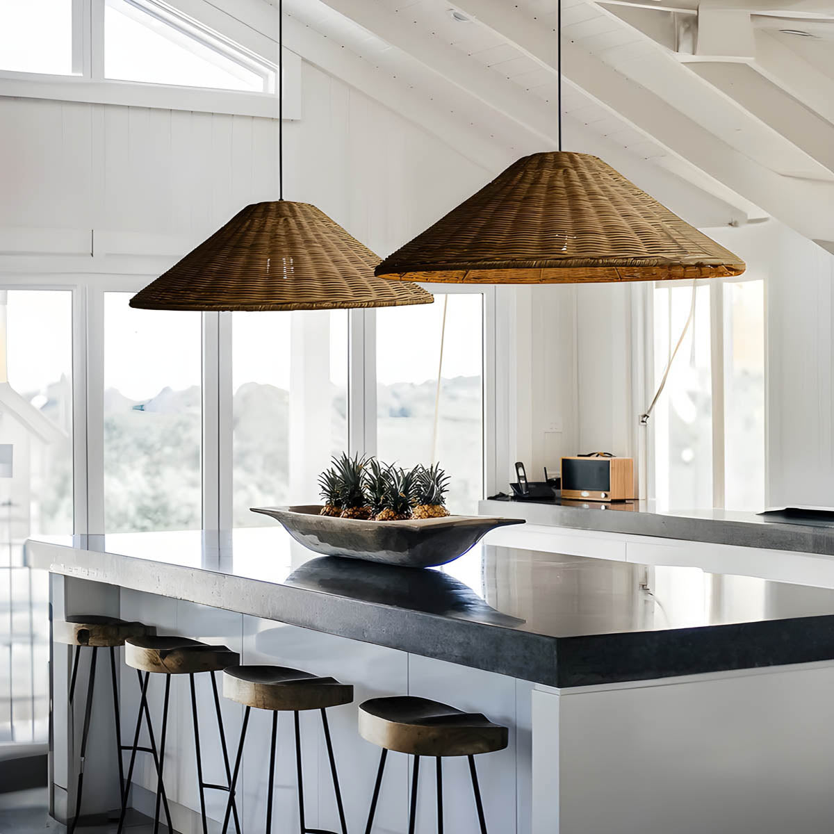 Conical hand-woven rattan & iron pendant light