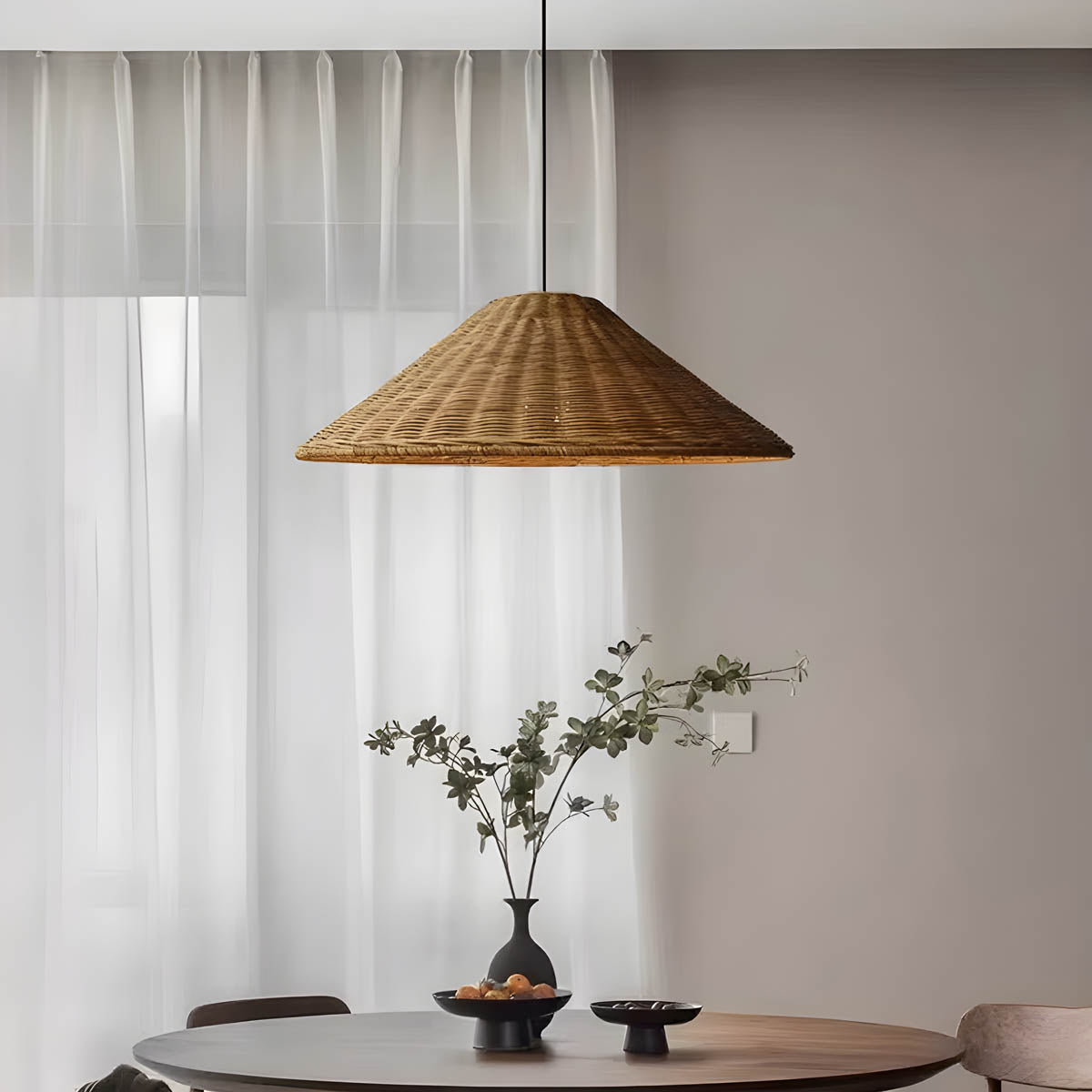 Conical hand-woven rattan & iron pendant light