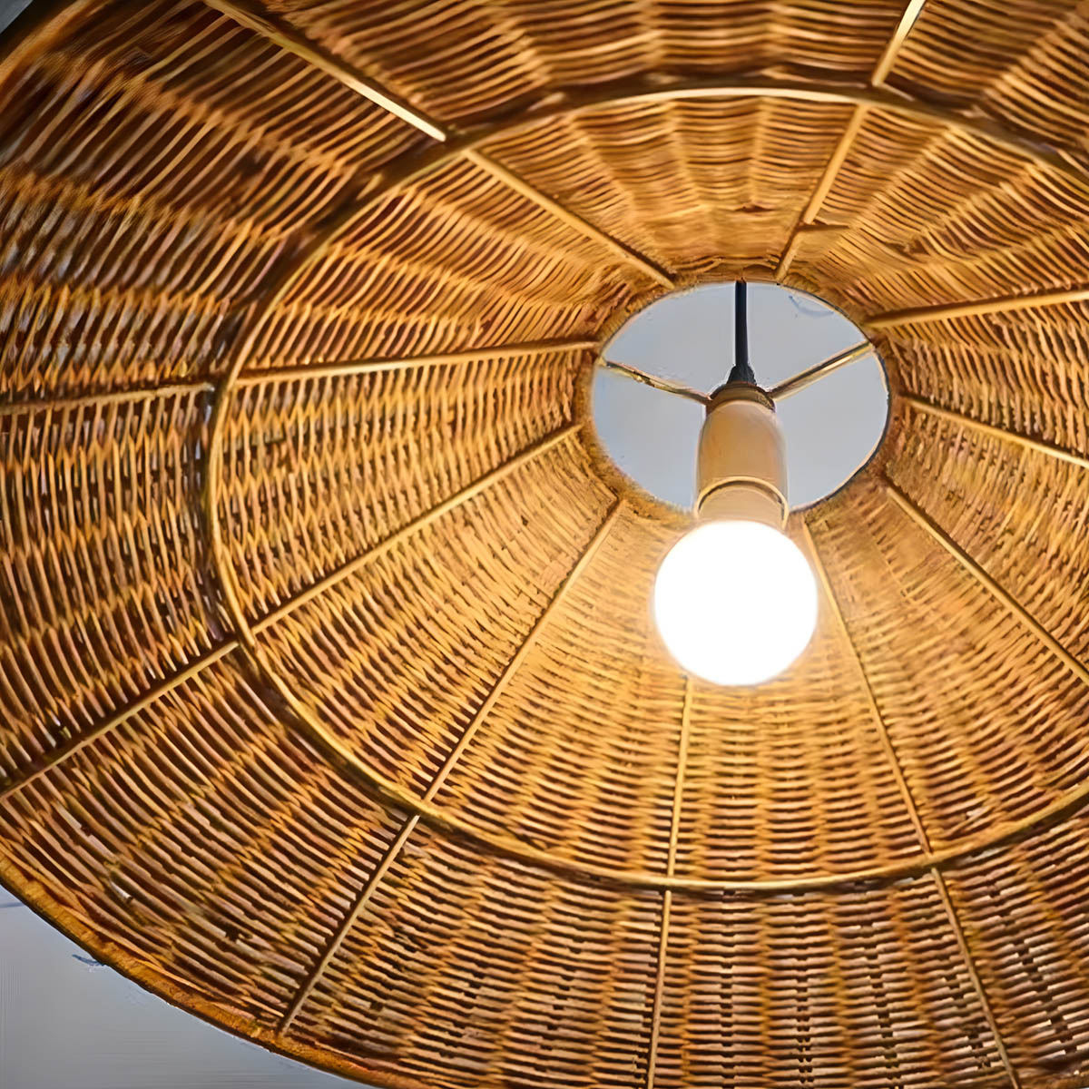 Conical hand-woven rattan & iron pendant light