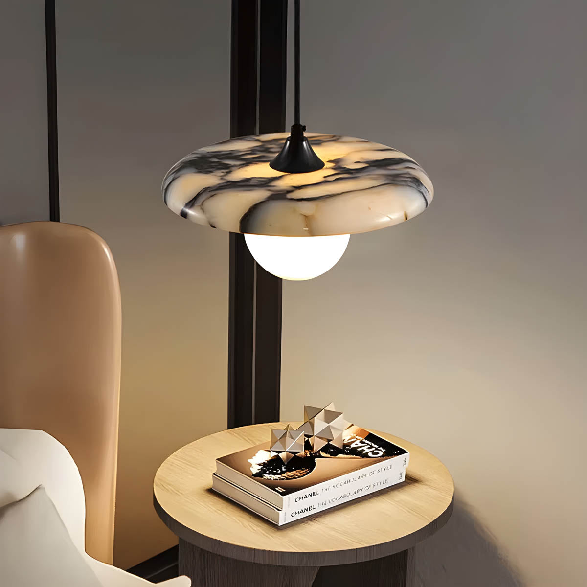 Natural stone pendant light with floating disc shade, G9 LED