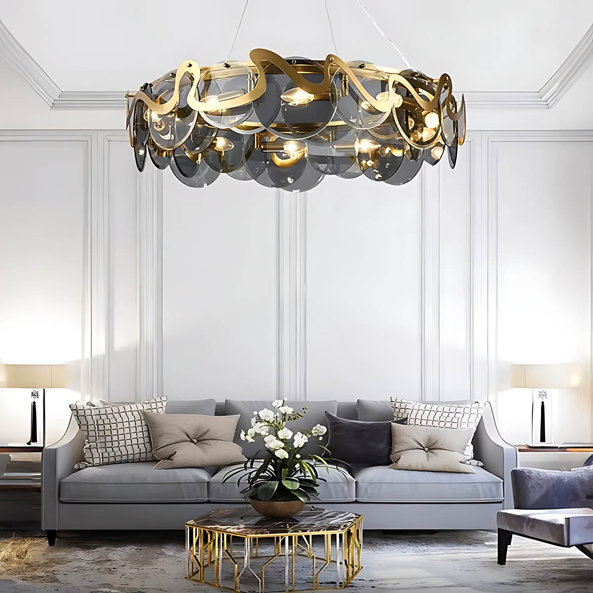 Glass Disc & Aluminium Pendant Light 60-95 cm