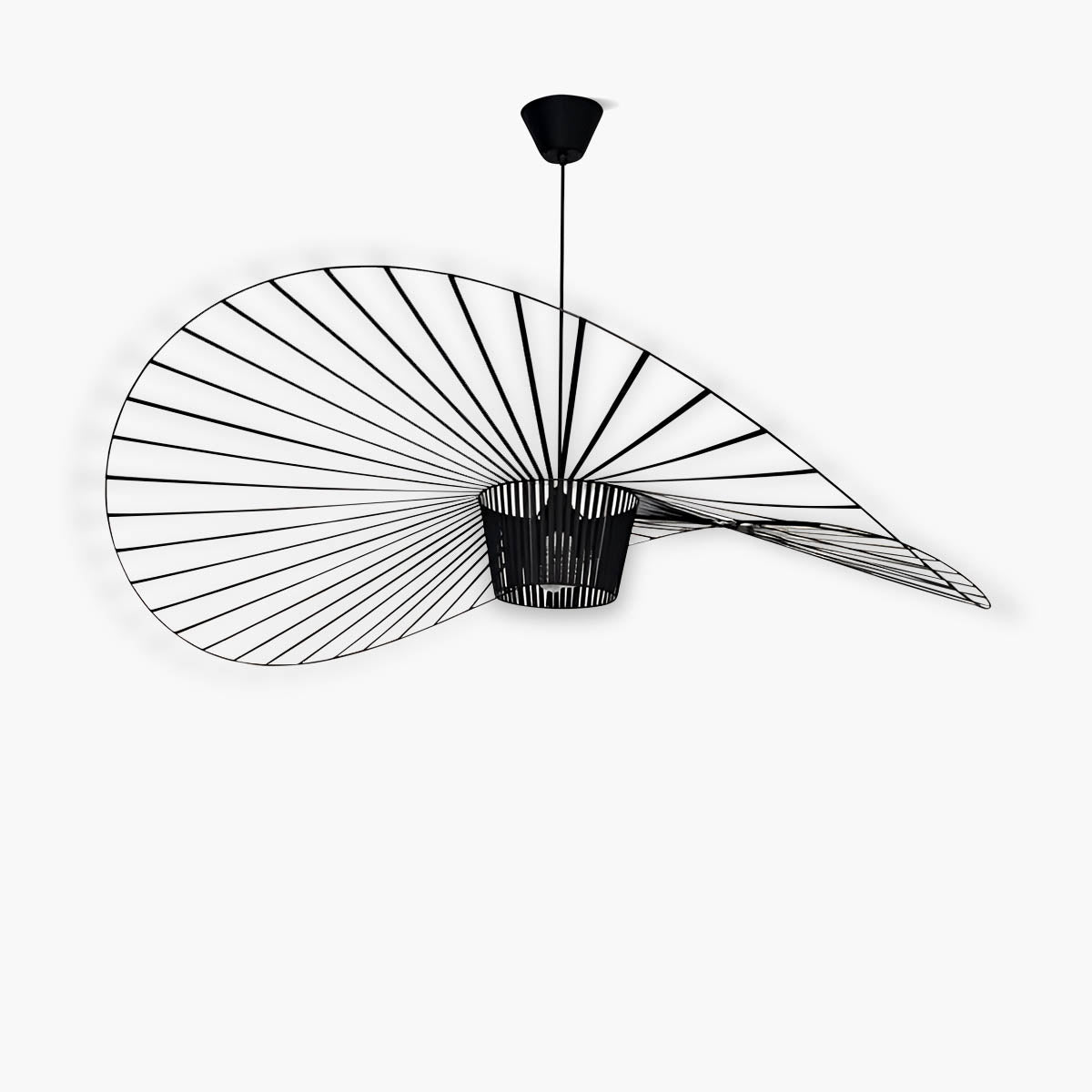 Pendant light with elastic-string ring canopy, iron frame