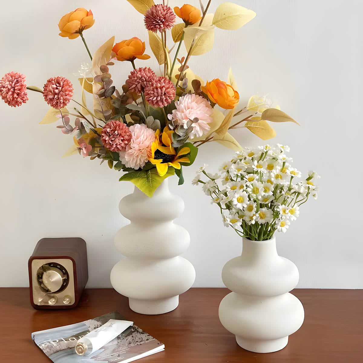 Matte Ivory Wave Ceramic Vase, Small / Large or Duo Set — Sculptural Organic Accent Piece