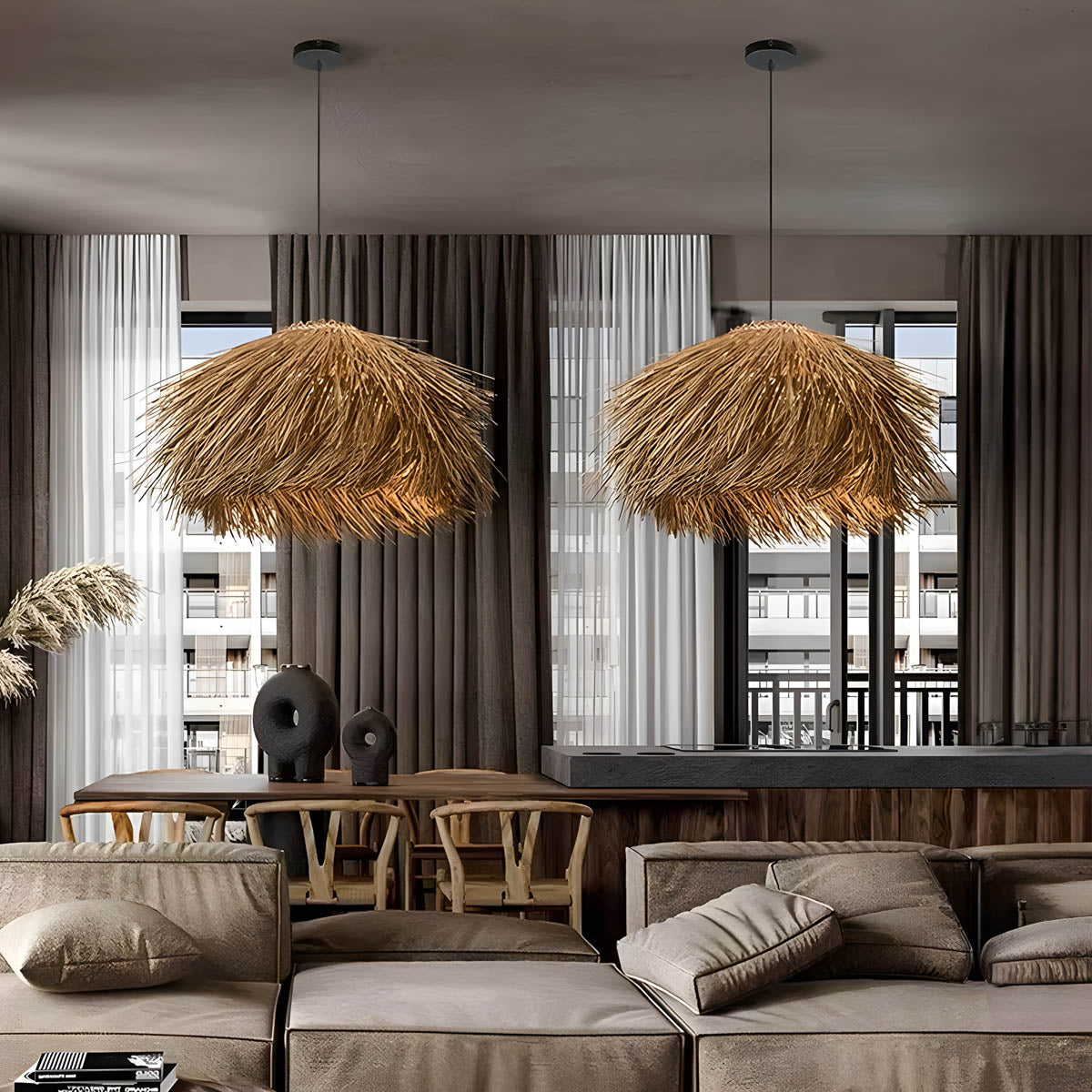 Hand-woven rattan & iron pendant light, statement piece