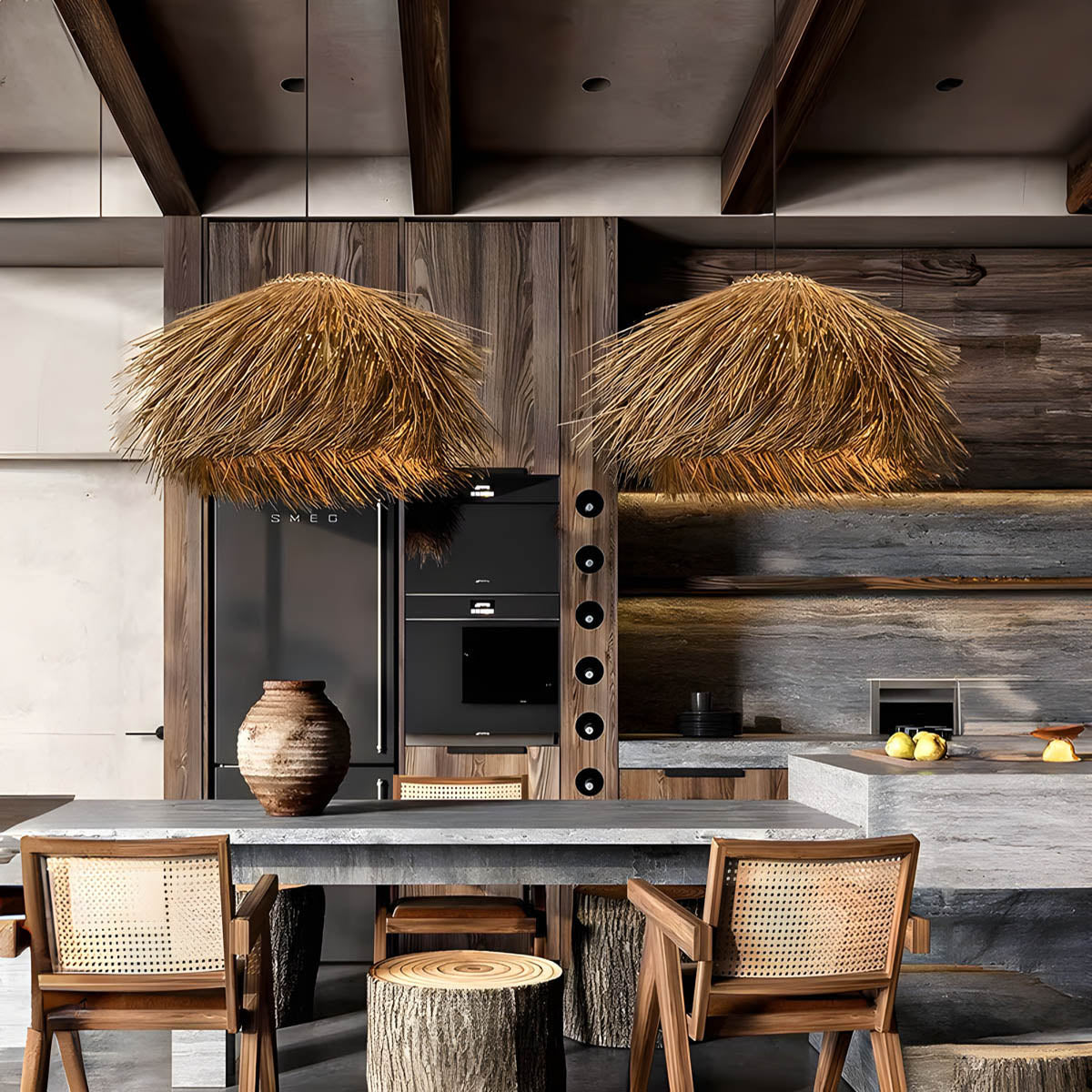 Hand-woven rattan & iron pendant light, statement piece