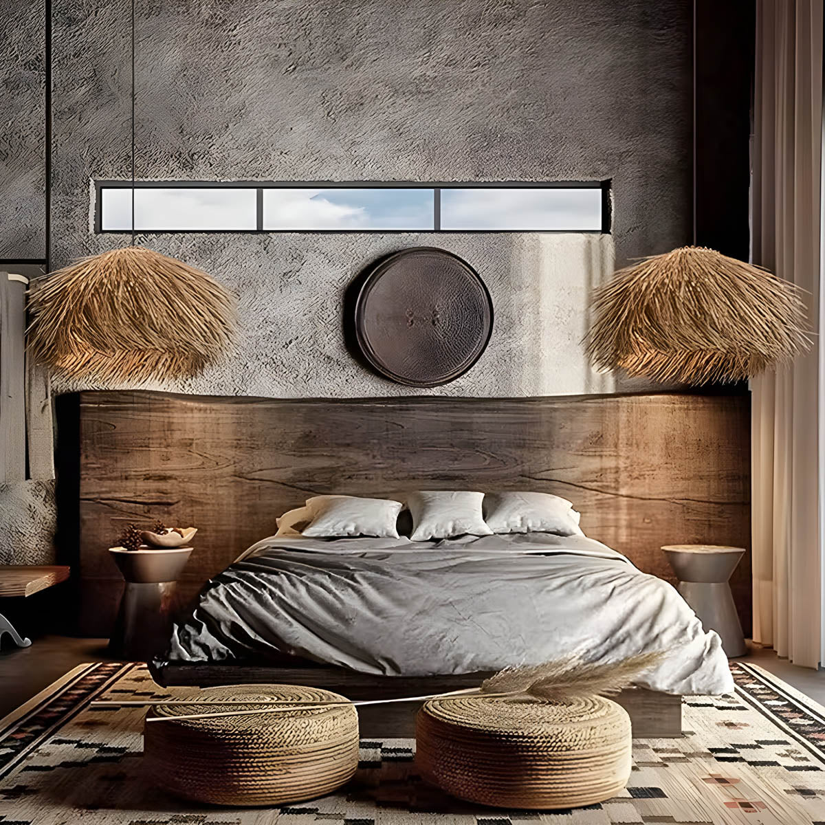 Hand-woven rattan & iron pendant light, statement piece