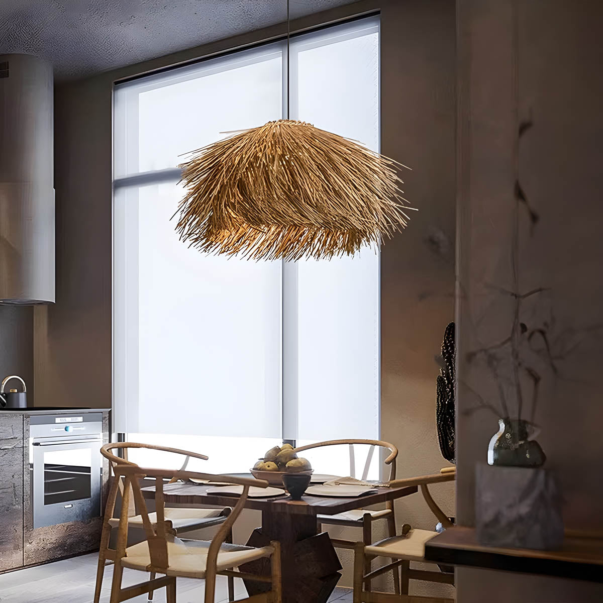 Hand-woven rattan & iron pendant light, statement piece